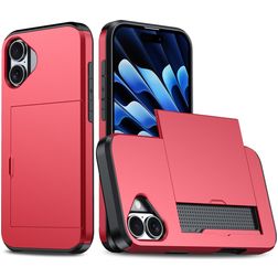 Mobigear Card Coque iPhone 16 Coque arrière Rigide Anti-Chocs avec Porte-Cartes - Rouge