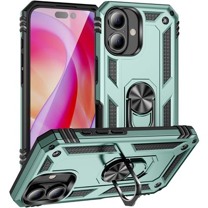 Mobigear Armor Ring Coque iPhone 16 Coque arrière Rigide Anti-Chocs avec Anneau-Support - Vert