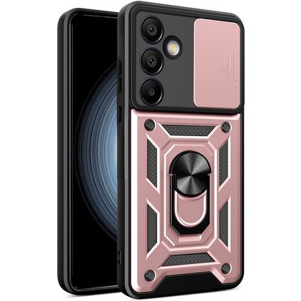 Mobigear Armor Ring Cam Slide Coque Samsung Galaxy S24 FE Coque arrière Rigide Anti-Chocs avec Anneau-Support et Protecteur Lentilles - Rose doré