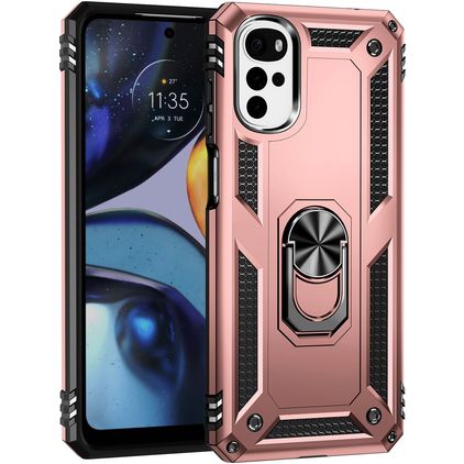 Mobigear Armor Ring Motorola Moto G22 Plastique rigide Coque arrière Antichoc avec bague de maintien - Rose doré