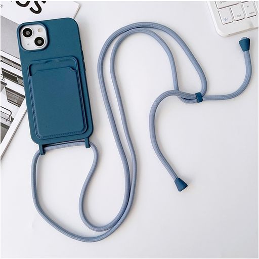 Mobigear Lanyard Card iPhone 15 Plus Coque avec cordon en Silicone et Porte-Cartes - Dark Blue