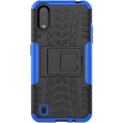 Mobigear Tire Coque Samsung Galaxy A01 Coque arrière Rigide Anti-Chocs avec Support Amovible - Noir / Bleu