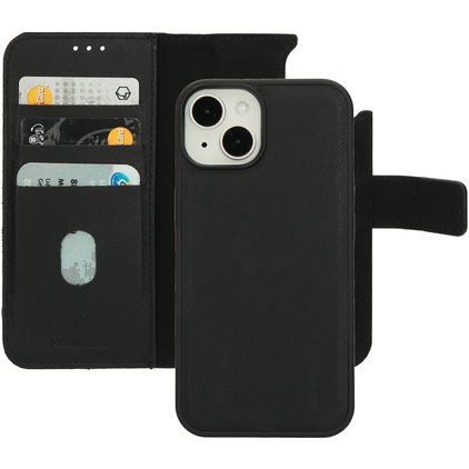 Mobiparts Housse iPhone 14 MagSafe Etui avec Coque Détachable en Cuir Véritable Porte-Monnaie - Noir