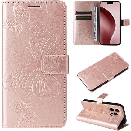 Mobigear Butterfly iPhone 16 Pro Étui Portefeuille - Rose doré