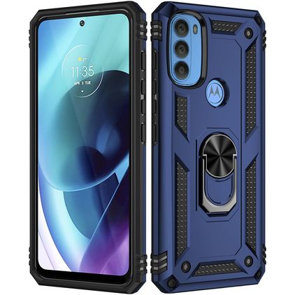 Mobigear Armor Ring Motorola Moto G71 5G Plastique rigide Coque arrière Antichoc avec bague de maintien - Bleu
