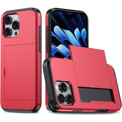 Mobigear Card Coque iPhone 16 Pro Coque arrière Rigide Anti-Chocs avec Porte-Cartes - Rouge