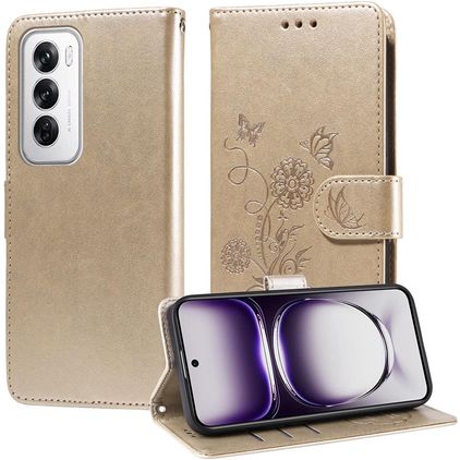 Mobigear Flowers Housse OPPO Reno 12 Pro Etui Porte-Monnaie - Or