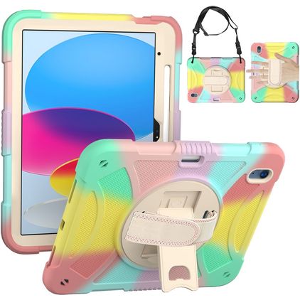 Mobigear SureGrip Coque iPad 10 (2022) Coque arrière en Plastique rigide,Silicone + Porte-crayon + Bandoulière + Support Amovible - Rainbow