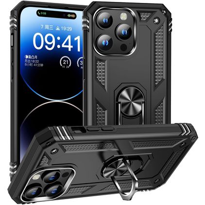 Mobigear Armor Ring Coque iPhone 16 Pro Max Coque arrière Rigide Anti-Chocs avec Anneau-Support - Noir