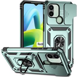 Mobigear Armor Ring Cam Slide Xiaomi Redmi A1 4G Plastique rigide Coque arrière Antichoc avec bague de maintien et cache caméra coulissant - Vert