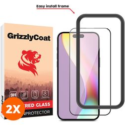 GrizzlyCoat Easy Fit iPhone 15 Plus Verre trempé Protection d'écran - Compatible Coque + Cadre d'installation - Noir (Lot de 2)