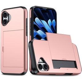 Mobigear Card Coque iPhone 16 Coque arrière Rigide Anti-Chocs avec Porte-Cartes - Rose doré