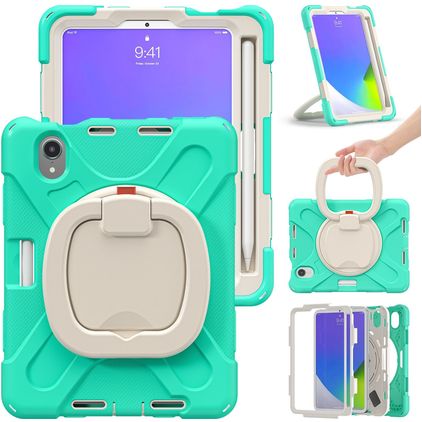 Mobigear RingGuard Coque iPad Mini 7 (2024) Coque arrière en Plastique rigide,Silicone + Porte-crayon + Bandoulière + Support Amovible - Turquoise