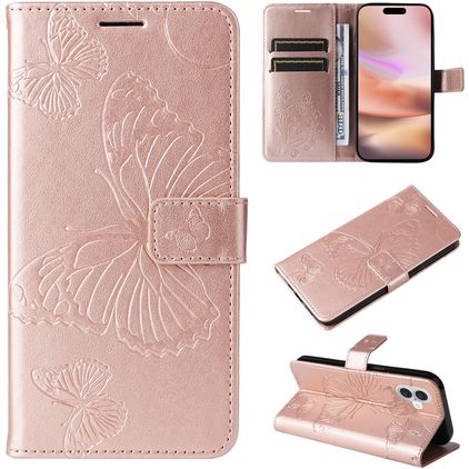 Mobigear Butterfly Housse iPhone 16 Plus Etui Porte-Monnaie - Rose doré