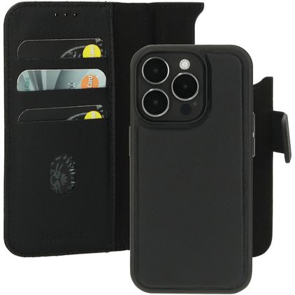 Mobiparts iPhone 15 Pro MagSafe Coque Cuir véritable Étui 2en1 avec coque amovible Portefeuille - Noir