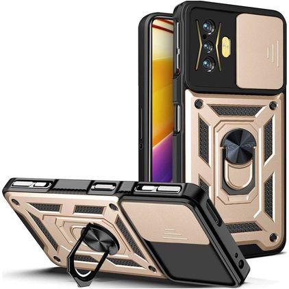 Mobigear Armor Ring Cam Slide POCO F4 GT Plastique rigide Coque arrière Antichoc avec bague de maintien et cache caméra coulissant - Or