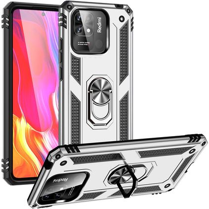 Mobigear Armor Ring Coque Xiaomi Redmi 10C Coque arrière Rigide Anti-Chocs avec Anneau-Support - Argent