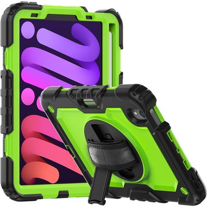 Mobigear SureGrip Xtreme Coque iPad Mini 6 (2021) Coque arrière en Plastique rigide,Silicone + Porte-crayon + Bandoulière + Support Amovible - Noir / Vert