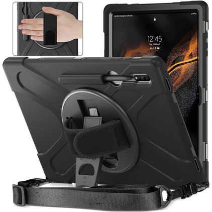 Mobigear SureGrip XGuard Samsung Galaxy Tab S8 Ultra Plastique rigide / Silicone Coque arrière + Porte-stylet + Bandoulière + Support - Noir
