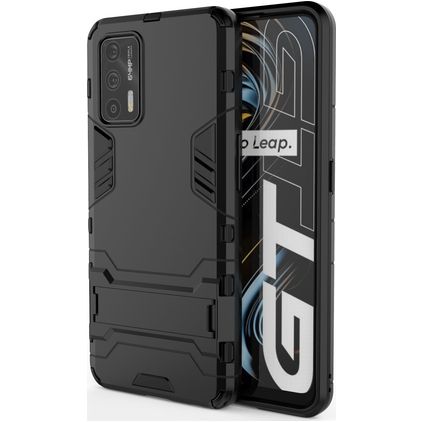 Mobigear Armor Stand Realme GT Plastique rigide Coque arrière Antichoc avec béquille - Noir