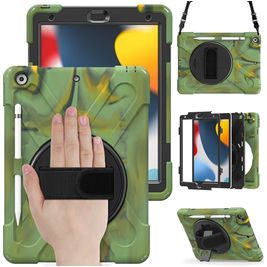 Mobigear SureGrip XGuard Coque iPad 9 (2021) Coque arrière en Plastique rigide,Silicone + Porte-crayon + Bandoulière + Support Amovible - Camouflage
