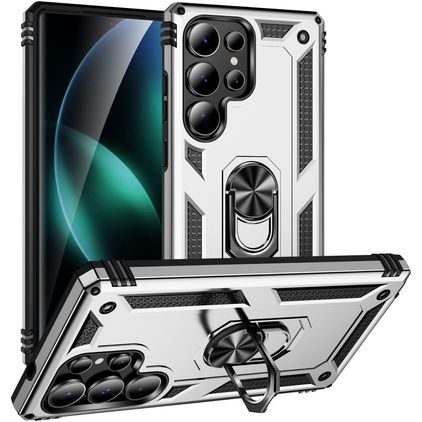 Mobigear Armor ring Samsung Galaxy S25 Ultra Plastique rigide Coque arrière Antichoc avec bague de maintien - Argent