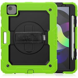 Mobigear SureGrip Xtreme Coque iPad Air 5 (2022) Coque arrière en Plastique rigide,Silicone + Porte-crayon + Bandoulière + Support Amovible - Noir / Vert