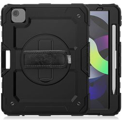 Mobigear SureGrip Xtreme Coque iPad Air 4 (2020) Coque arrière en Plastique rigide,Silicone + Porte-crayon + Bandoulière + Support Amovible - Noir