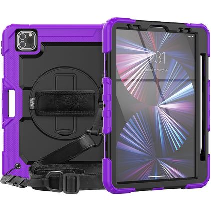 Mobigear SureGrip Xtreme Coque iPad Air 11 Pouces (2024) Coque arrière en Plastique rigide,Silicone + Porte-crayon + Bandoulière + Support Amovible - Violet