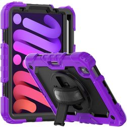 Mobigear SureGrip Xtreme Coque iPad Mini 6 (2021) Coque arrière en Plastique rigide,Silicone + Porte-crayon + Bandoulière + Support Amovible - Violet