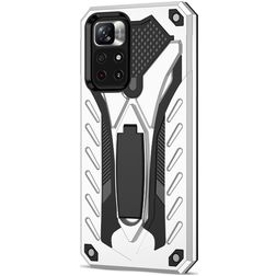 Mobigear Armor Stand Coque Xiaomi Redmi Note 11T Coque arrière Rigide Anti-Chocs avec Support Amovible - Argent