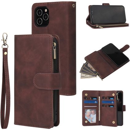Mobigear Zipper iPhone 12 Étui Portefeuille - Marron
