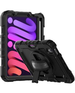 Mobigear SureGrip Xtreme Coque iPad Mini 6 (2021) Coque arrière en Plastique rigide,Silicone + Porte-crayon + Bandoulière + Support Amovible - Noir