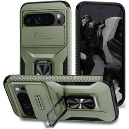 Mobigear Armor Ring Cam Slide Coque Google Pixel 9 Pro XL Coque arrière Rigide Anti-Chocs avec Anneau-Support et Protecteur Lentilles - Vert