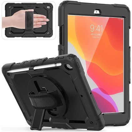 Mobigear SureGrip Xtreme Coque iPad 7 (2019) Coque arrière en Plastique rigide,Silicone + Porte-crayon + Bandoulière + Support Amovible - Noir