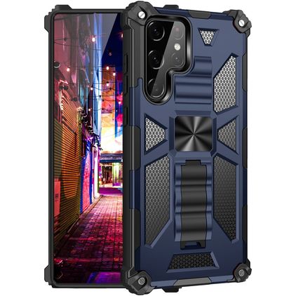 Mobigear Armor Stand Coque Samsung Galaxy S22 Ultra Coque arrière Rigide Anti-Chocs avec Support Amovible - Bleu
