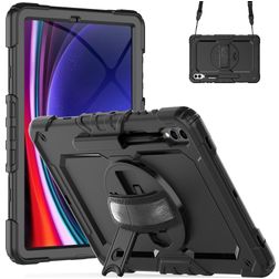 Mobigear SureGrip Xtreme Coque Samsung Galaxy Tab S9 Plus Coque arrière en Plastique rigide,Silicone + Porte-crayon + Bandoulière + Support Amovible - Noir