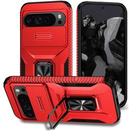 Mobigear Armor Ring Cam Slide Coque Google Pixel 9 Pro XL Coque arrière Rigide Anti-Chocs avec Anneau-Support et Protecteur Lentilles - Rouge