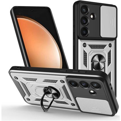 Mobigear Armor Ring Cam Slide Samsung Galaxy S25 FE Plastique rigide Coque arrière Antichoc avec bague de maintien et cache caméra coulissant - Argent