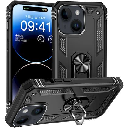 Mobigear Armor Ring Coque iPhone 15 Coque arrière Rigide Anti-Chocs avec Anneau-Support - Noir
