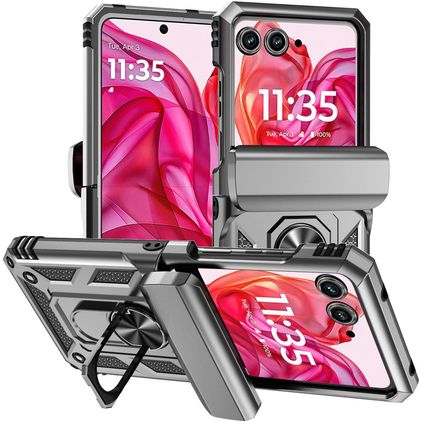 Mobigear Armor Ring Motorola Razr 50 Plastique rigide Coque arrière Antichoc avec bague de maintien - Argent