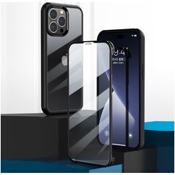 Valenta Full Cover Coque iPhone 14 Pro Max Coque arrière en Verre trempé Anti-Chocs - Transparent / Noir