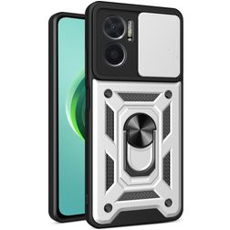 Mobigear Armor Ring Cam Slide Xiaomi Redmi 10 5G Plastique rigide Coque arrière Antichoc avec bague de maintien et cache caméra coulissant - Argent