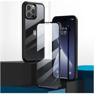 Valenta Full Cover Coque iPhone 14 Pro Max Coque arrière en Verre trempé Anti-Chocs - Transparent / Noir