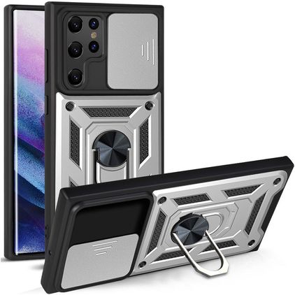 Mobigear Armor Ring Cam Slide Coque Samsung Galaxy S22 Ultra Coque arrière Rigide Anti-Chocs avec Anneau-Support - Argent