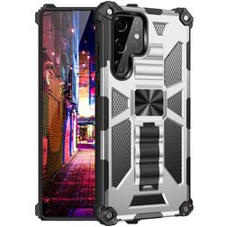 Mobigear Armor Stand Coque Samsung Galaxy S22 Ultra Coque arrière Rigide Anti-Chocs avec Support Amovible - Argent