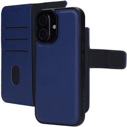 Mobiparts Housse iPhone 16 MagSafe Etui avec Coque Détachable en Cuir Véritable Porte-Monnaie - Bleu