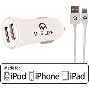 Mobilize - Double USB Chargeur voiture Apple Lightning 1 mètre 24W - Blanc