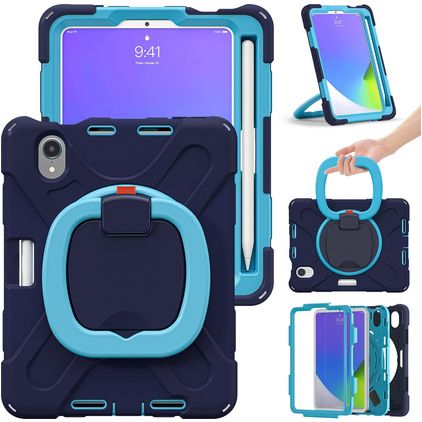 Mobigear RingGuard Coque iPad Mini 7 (2024) Coque arrière en Plastique rigide,Silicone + Porte-crayon + Bandoulière + Support Amovible - Bleu