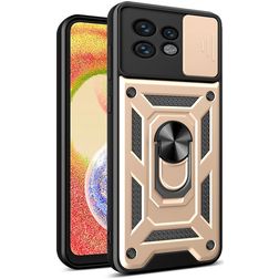 Mobigear Armor Ring Cam Slide Motorola Edge 40 Pro Plastique rigide Coque arrière Antichoc avec bague de maintien et cache caméra coulissant - Or